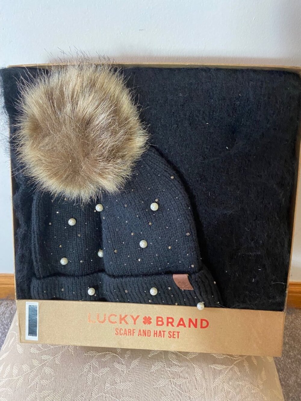 NEW Lucky Brand Black Scarf & Beanie Hat Set With Faux Fur Pom & Pearl Accents